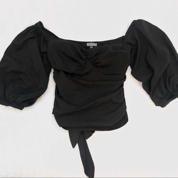 Casting LA Tops - Black Puff Sleeve Ruched Tie Milkmaid Crop Top